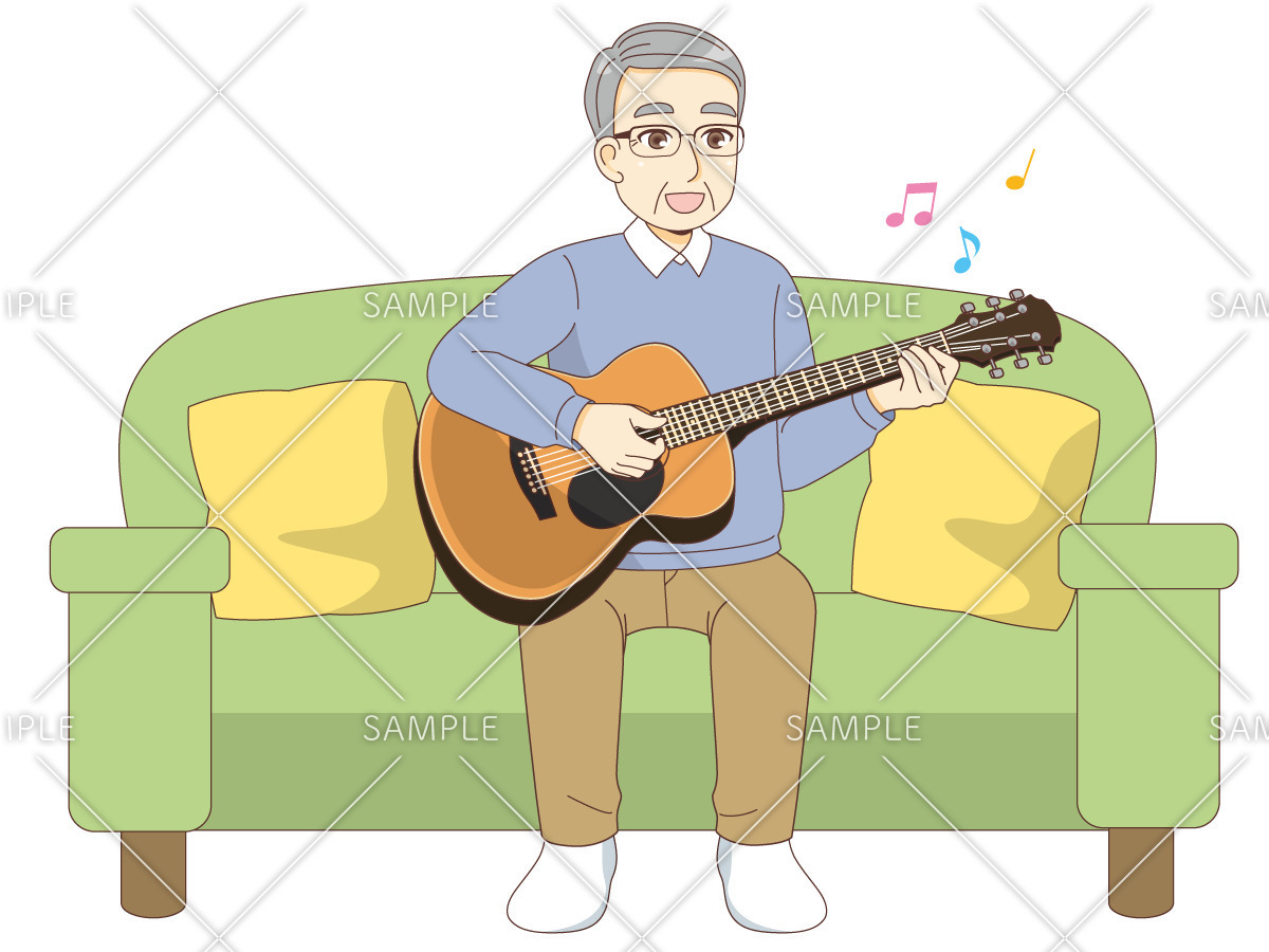 ギターを楽しむ男性高齢者（高齢者（おばあさん・おじいさん）/介護現場の人物）のイラスト