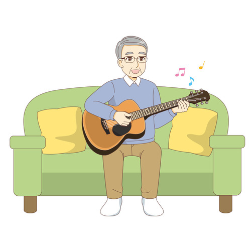 ギターを楽しむ男性高齢者（高齢者（おばあさん・おじいさん）/介護現場の人物）のイラスト