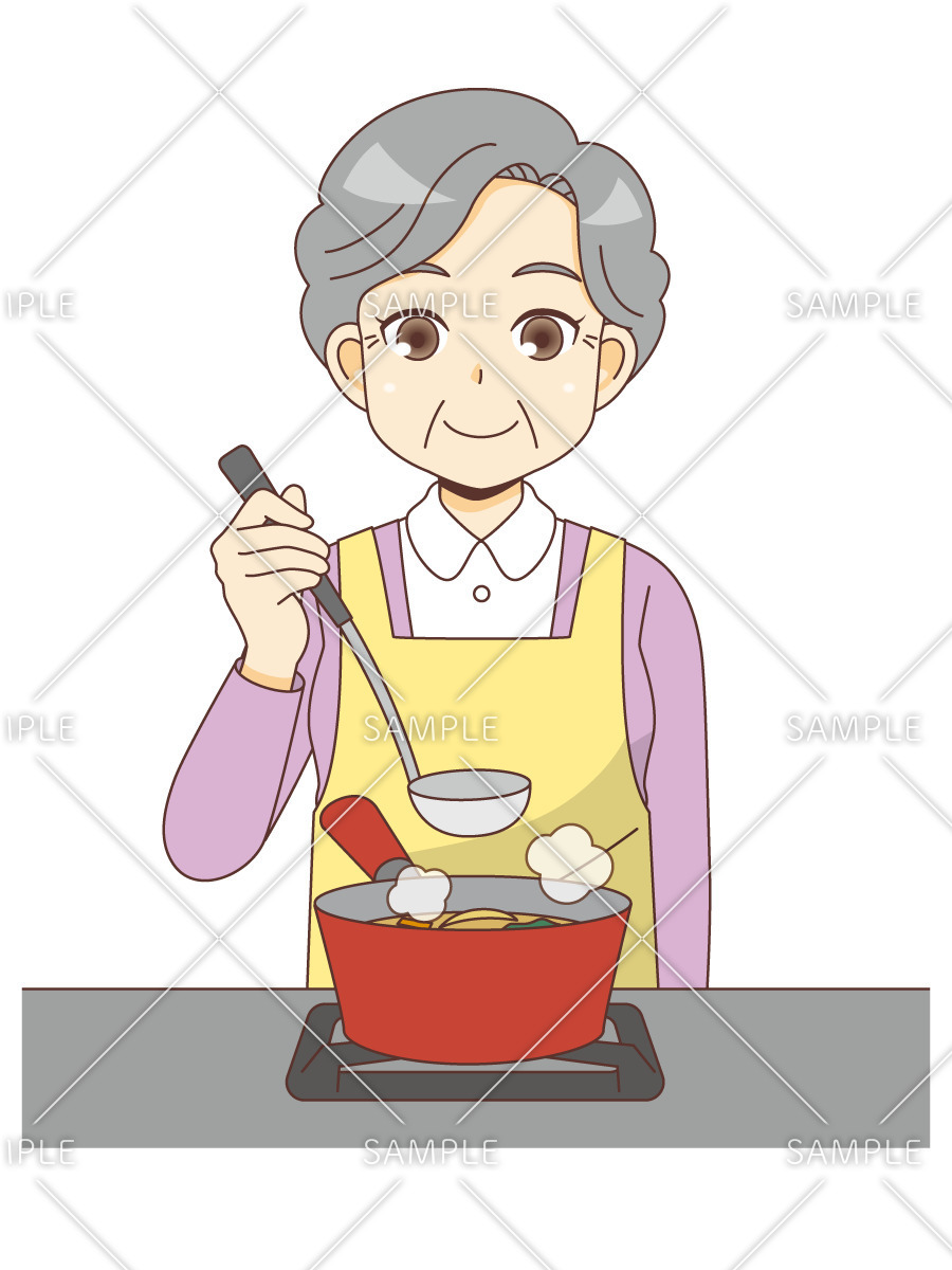 料理をする女性高齢者（高齢者（おばあさん・おじいさん）/介護現場の人物）のイラスト