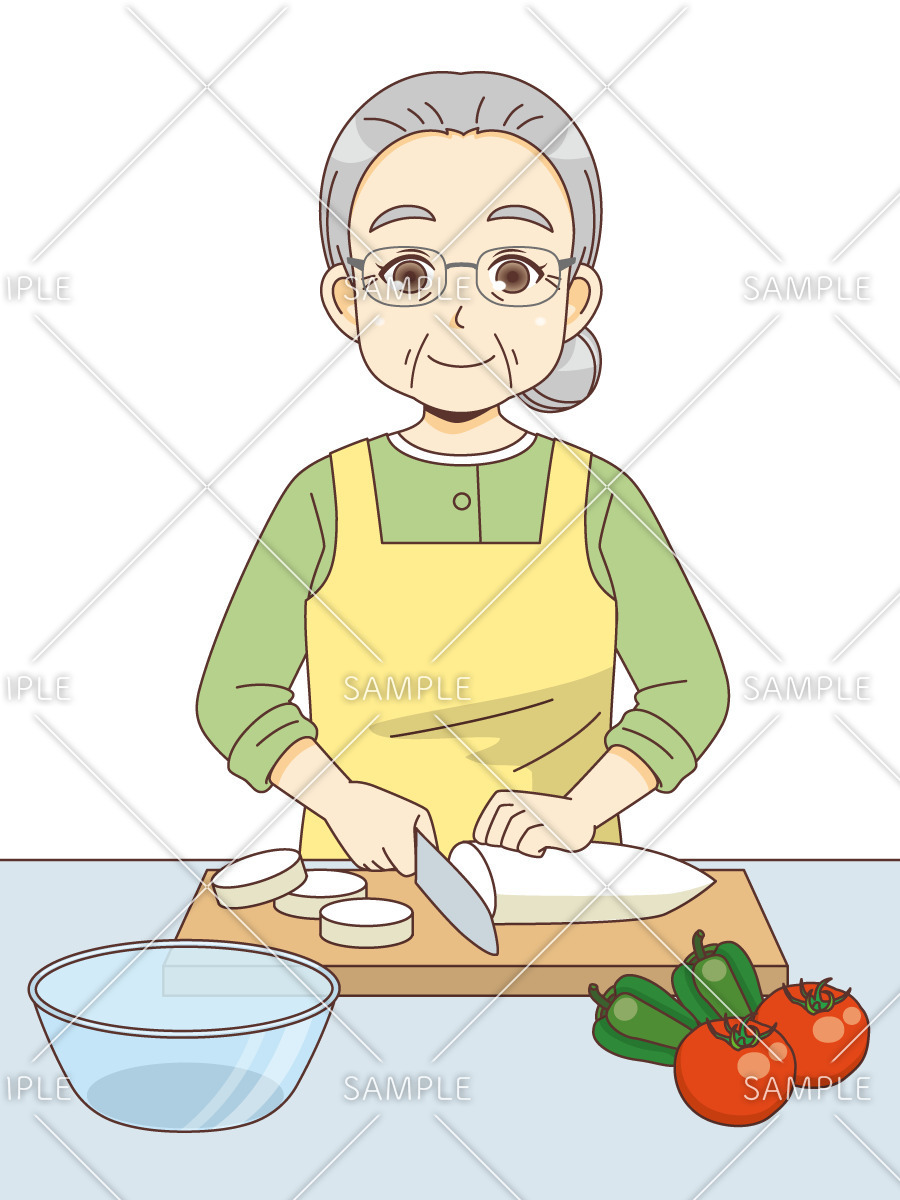 包丁を使って食材を切る女性高齢者（高齢者（おばあさん・おじいさん）/介護現場の人物）のイラスト