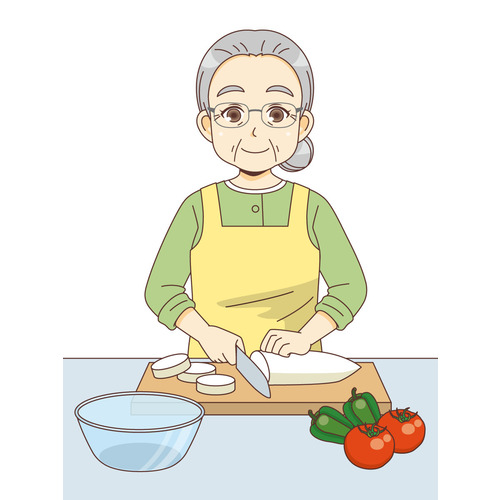 包丁を使って食材を切る女性高齢者（高齢者（おばあさん・おじいさん）/介護現場の人物）のイラスト