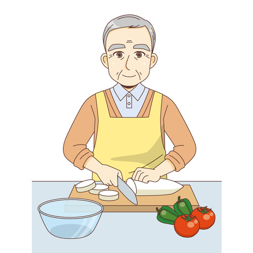 包丁を使って食材を切る男性高齢者（高齢者（おばあさん・おじいさん）/介護現場の人物）のイラスト