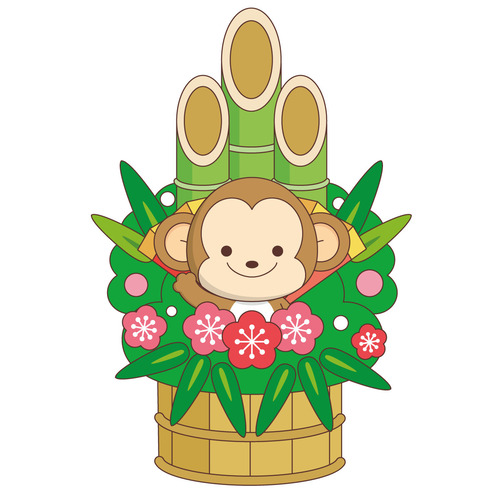 門松とかわいい猿（お手紙・年賀状/フレーム・テンプレート）のイラスト