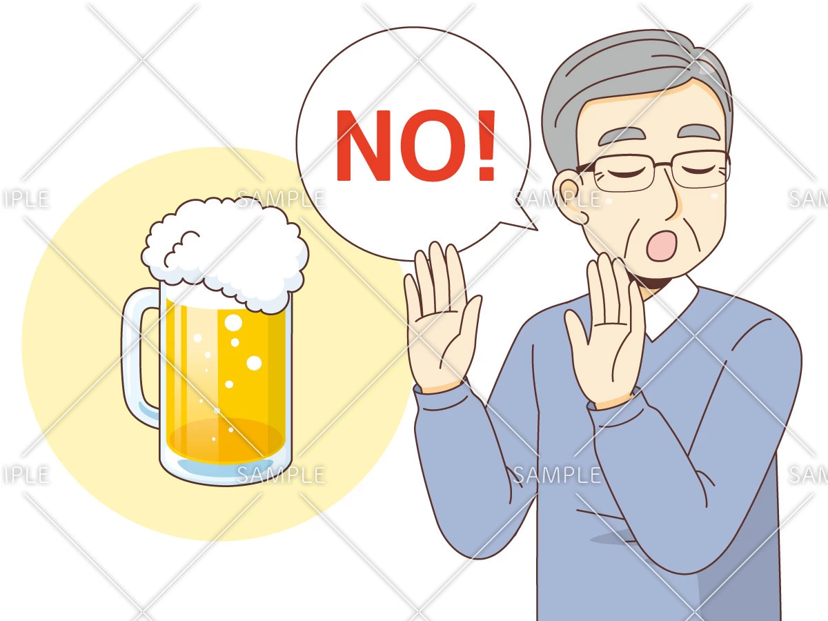 お酒の勧めを断る男性高齢者（高齢者（おばあさん・おじいさん）/介護現場の人物）のイラスト