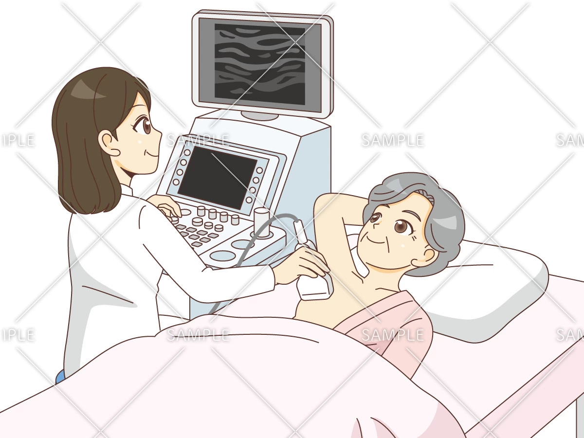 乳がん検診において超音波検査をする女性高齢者（高齢者（おばあさん・おじいさん）/介護現場の人物）のイラスト