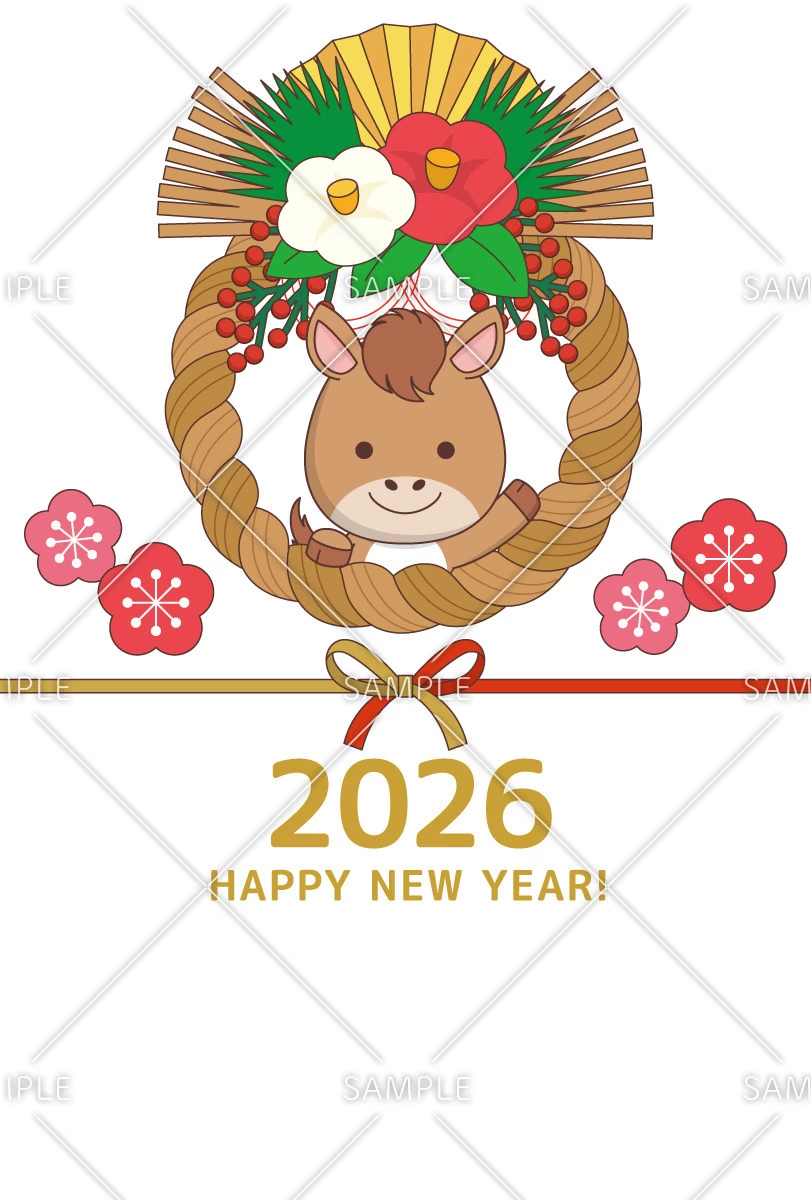 2026年の年賀状デザイン「馬としめ縄」（お手紙・年賀状/フレーム・テンプレート）のイラスト