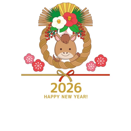 2026年の年賀状デザイン「馬としめ縄」（お手紙・年賀状/フレーム・テンプレート）のイラスト
