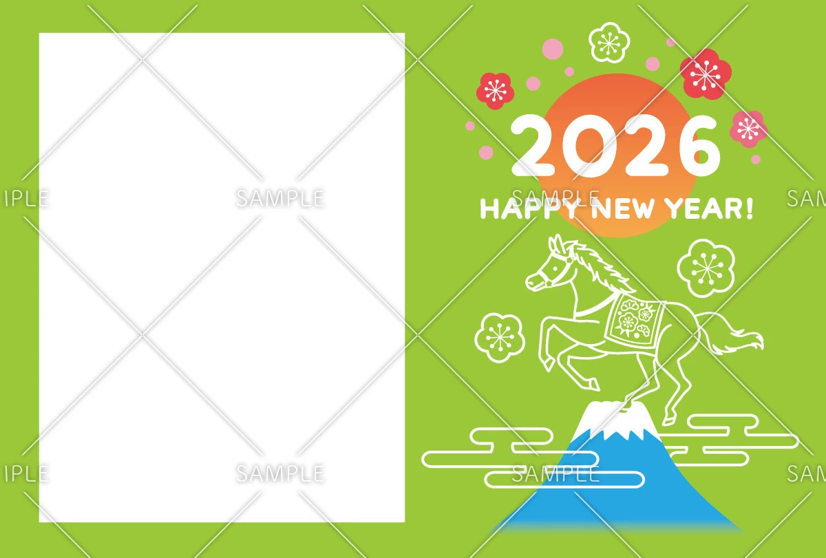 2026年の年賀状デザイン「馬と富士山」（お手紙・年賀状/フレーム・テンプレート）のイラスト