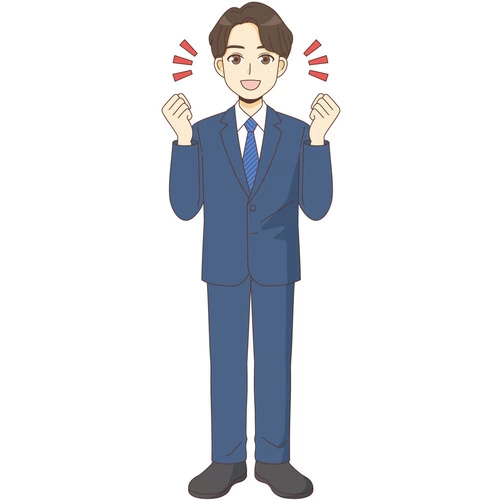 ガッツポーズするスーツを着た男性 (管理者・運営スタッフ/介護現場の人物の介護イラスト素材)のイラスト