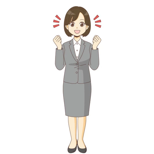 ガッツポーズするスーツを着た女性 (管理者・運営スタッフ/介護現場の人物の介護イラスト素材)のイラスト