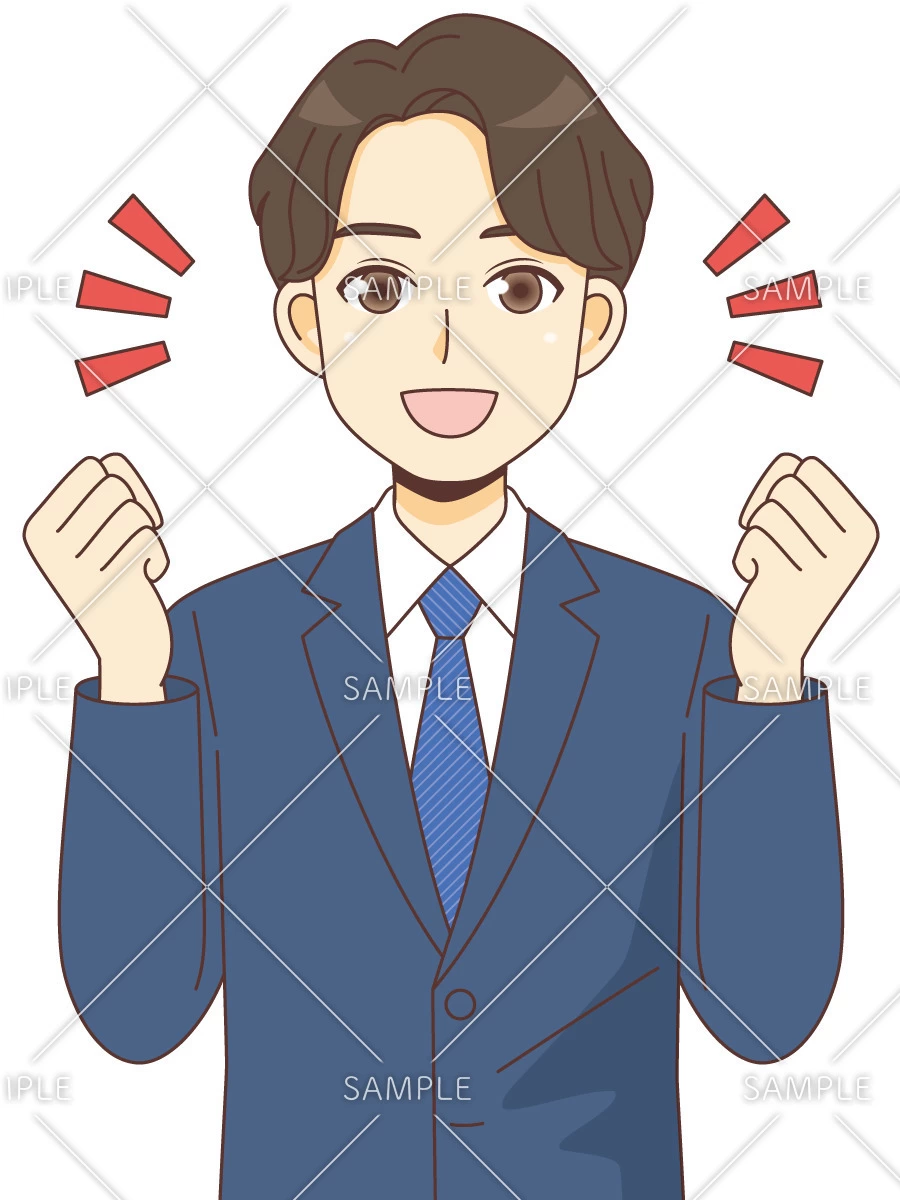 ガッツポーズするスーツを着た男性（バストアップ）