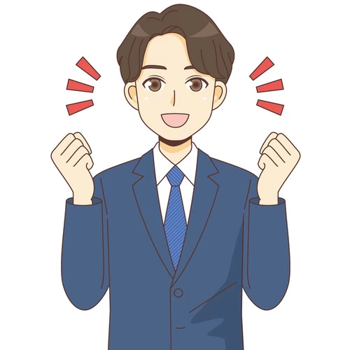 ガッツポーズするスーツを着た男性（バストアップ） (管理者・運営スタッフ/介護現場の人物の介護イラスト素材)のイラスト