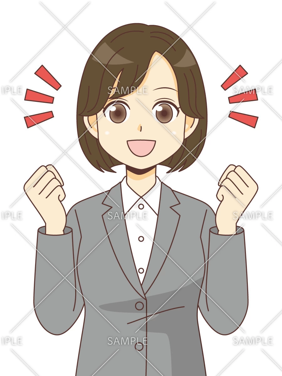 ガッツポーズするスーツを着た女性（バストアップ）