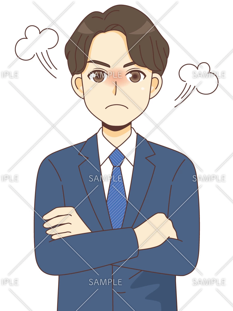 怒っているスーツを着た男性（バストアップ）