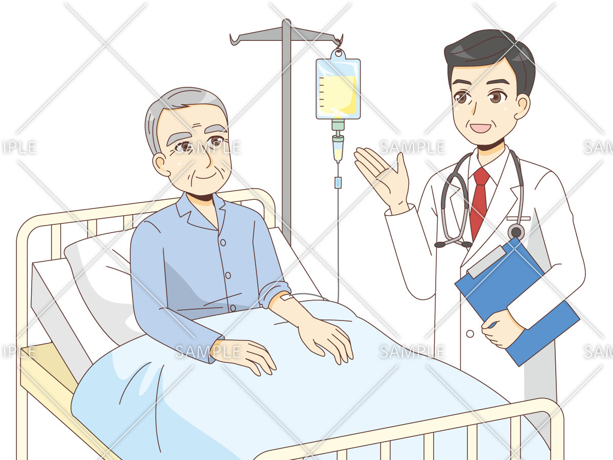 入院中の男性高齢者と男性医師（病院・入院・退院/医療・病気）のイラスト