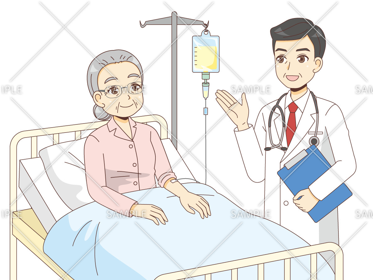 入院中の女性高齢者と男性医師（病院・入院・退院/医療・病気）のイラスト
