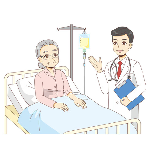 入院中の女性高齢者と男性医師（病院・入院・退院/医療・病気）のイラスト