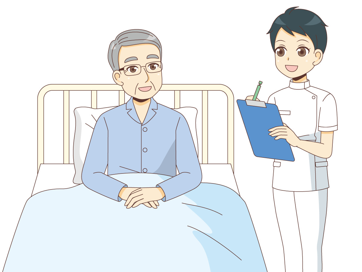 入院中の男性高齢者と女性看護師 病院 入院 退院 医療 病気 の無料イラスト 介護アンテナ