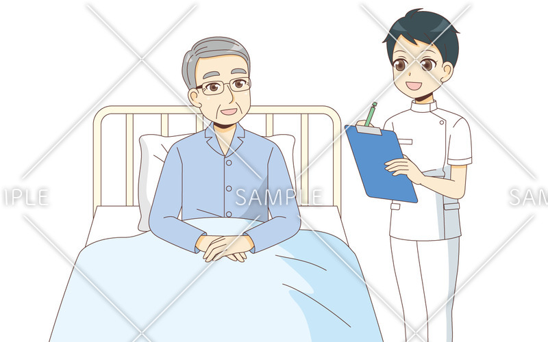 入院中の男性高齢者と女性看護師（病院・入院・退院/医療・病気）の無料イラスト 介護アンテナ