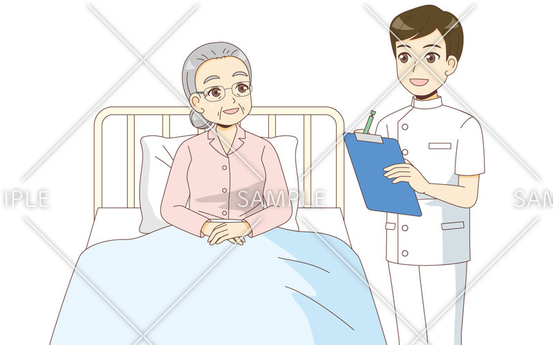 入院中の女性高齢者と女性看護師（病院・入院・退院/医療・病気）の無料イラスト 介護アンテナ