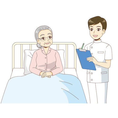 入院中の女性高齢者と男性看護師（病院・入院・退院/医療・病気）のイラスト