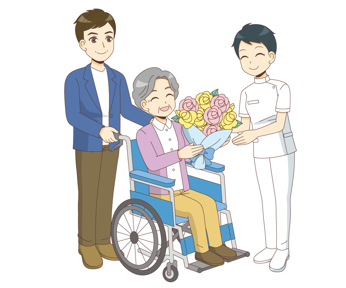 女性看護師から退院祝いの花束を渡される女性高齢者 病院 入院 退院 医療 病気 の無料イラスト 介護アンテナ