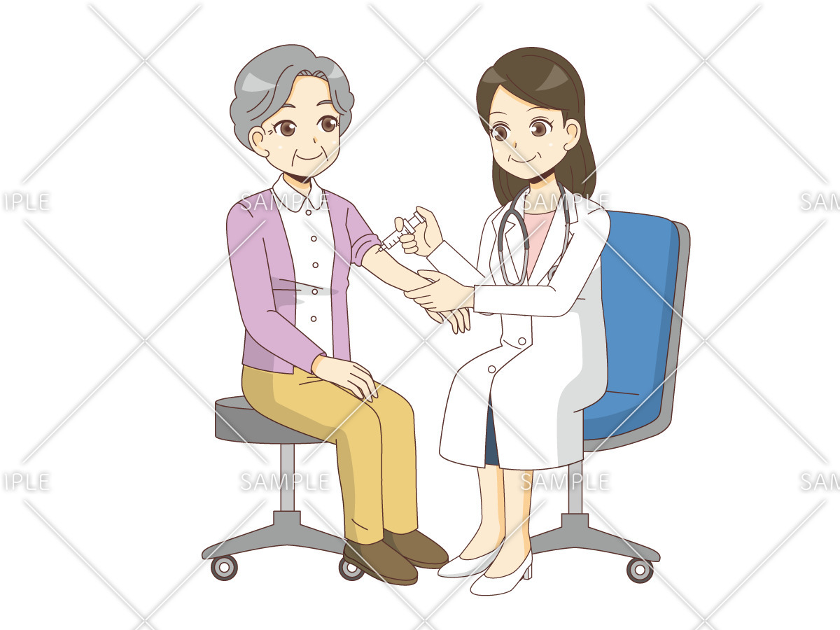 女性高齢者に注射を打つ女性医師（診察・治療・手術/医療・病気）のイラスト