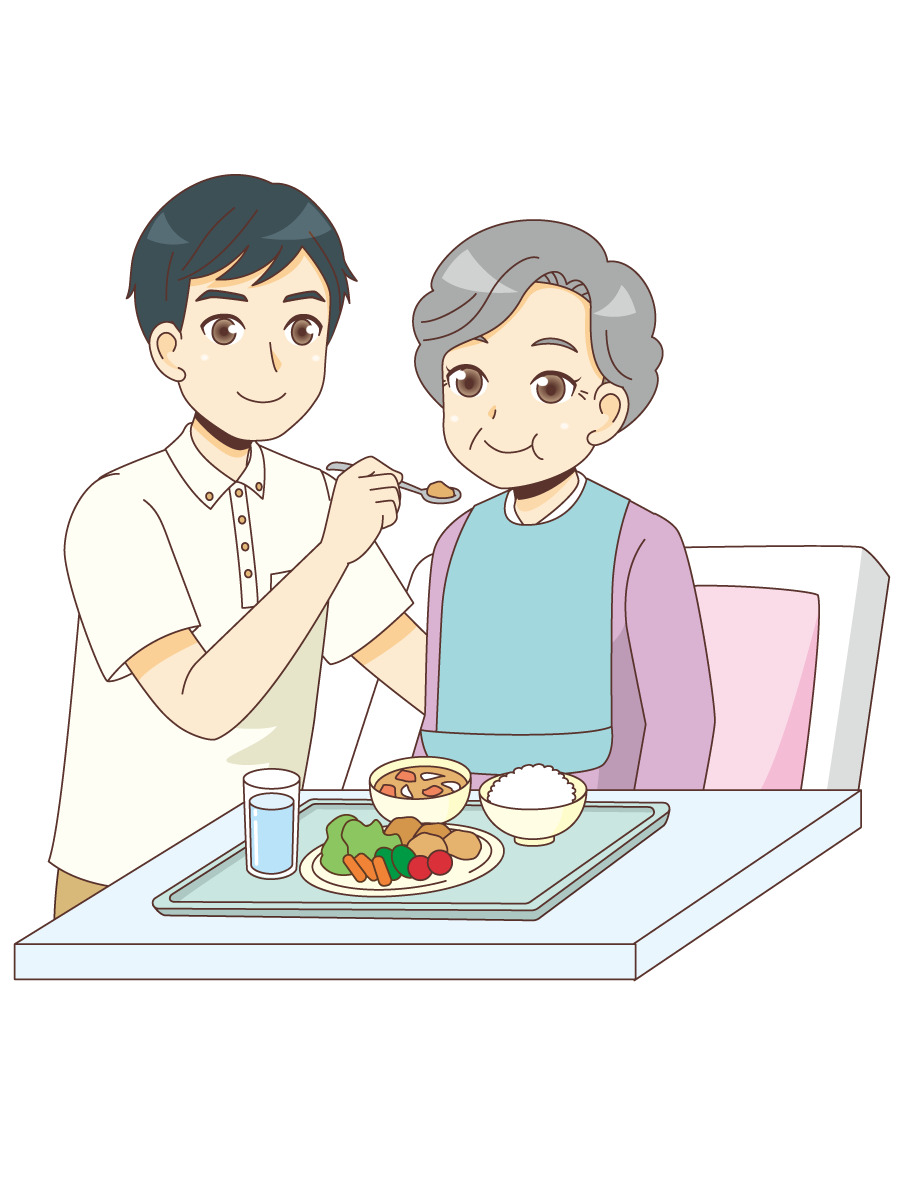 女性高齢者の食事介助を行う男性介護職 食事 食事介助 介護 生活 の無料イラスト 介護アンテナ