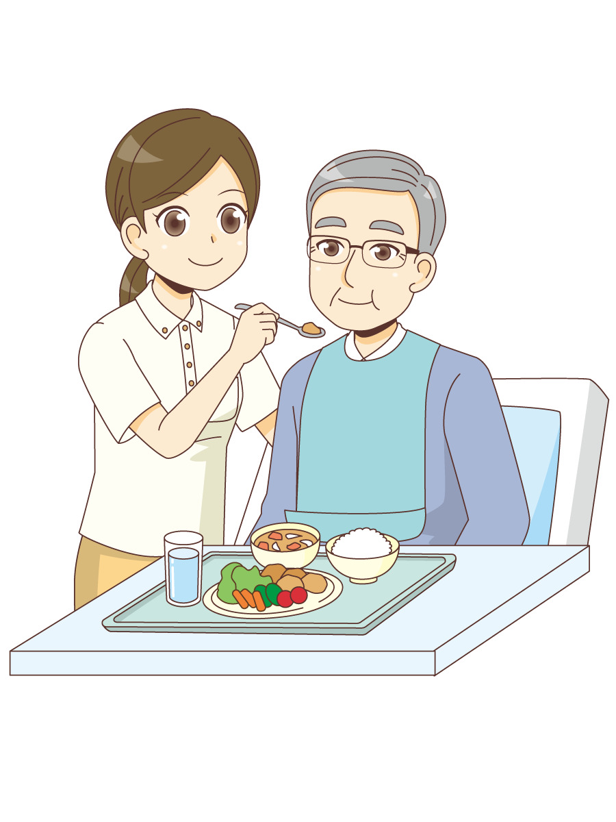 男性高齢者の食事介助を行う女性介護職 食事 食事介助 介護 生活 の無料イラスト 介護アンテナ