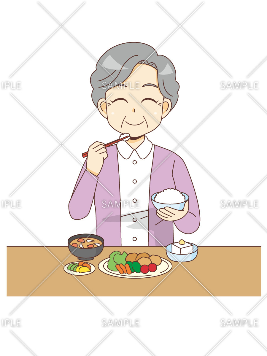 食事をする笑顔の女性高齢者（食事・食事介助/介護・生活）のイラスト