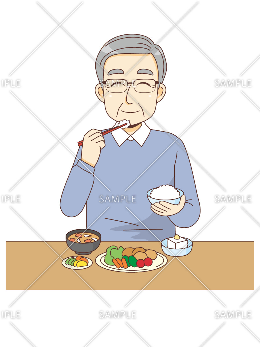 食事をする笑顔の男性高齢者（食事・食事介助/介護・生活）のイラスト