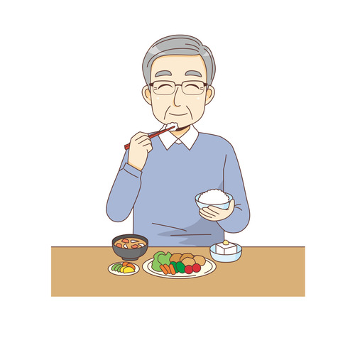 食事をする笑顔の男性高齢者（食事・食事介助/介護・生活）のイラスト