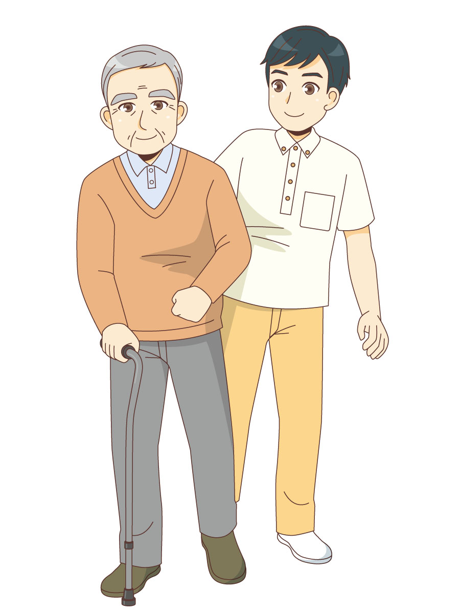 男性高齢者の歩行を見守り介助する男性介護職 歩行介助 介護 生活 の無料イラスト 介護アンテナ