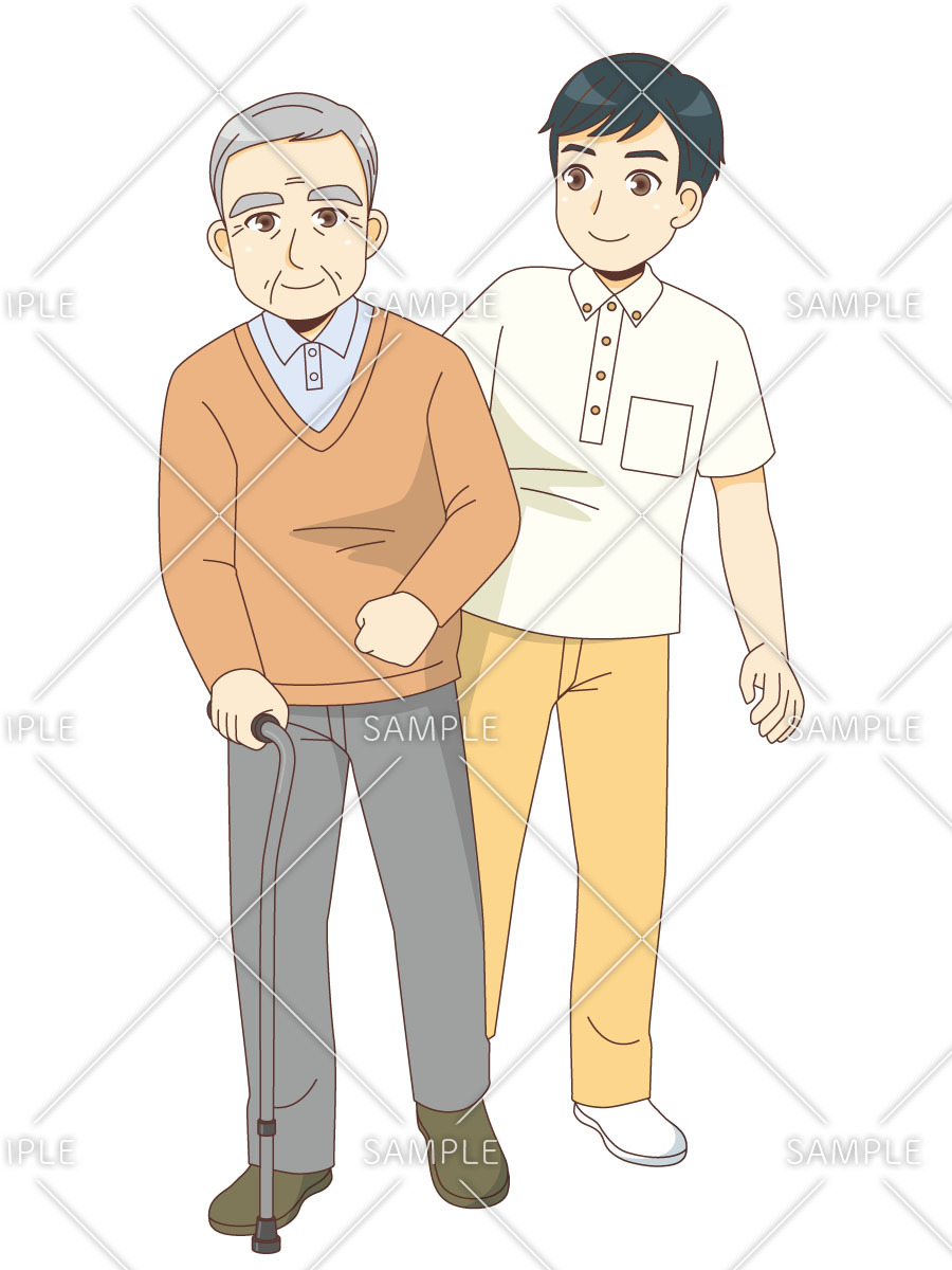 男性高齢者の歩行を見守り介助する男性介護職（歩行介助/介護・生活）のイラスト