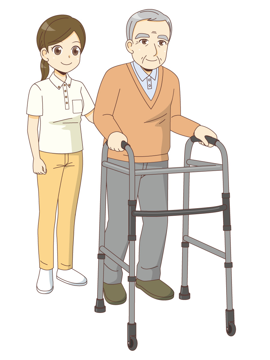 男性高齢者の歩行器歩行の介助を行う女性介護職 歩行介助 介護 生活 の無料イラスト 介護アンテナ