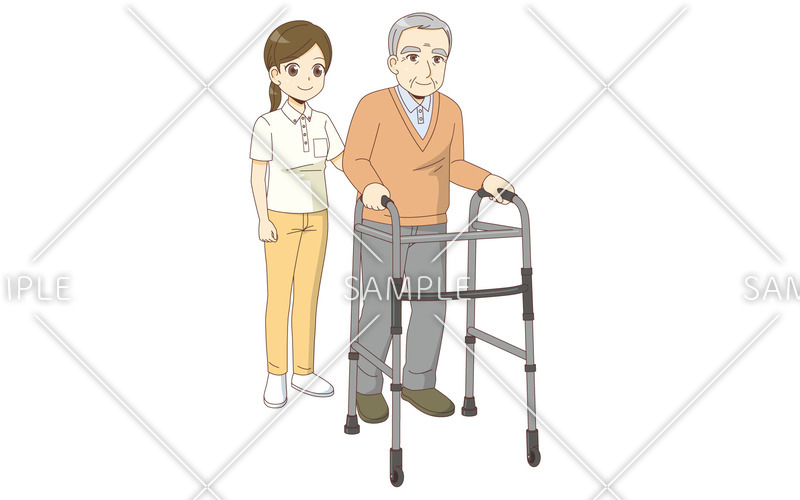 男性高齢者の歩行器歩行の介助を行う女性介護職（歩行介助/介護・生活）の無料イラスト 介護アンテナ