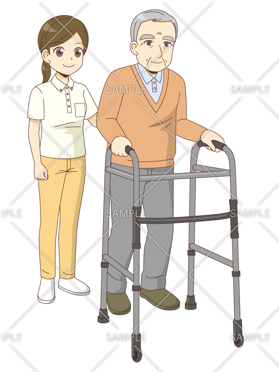 男性高齢者の歩行器歩行の介助を行う女性介護職（歩行介助/介護・生活）のイラスト