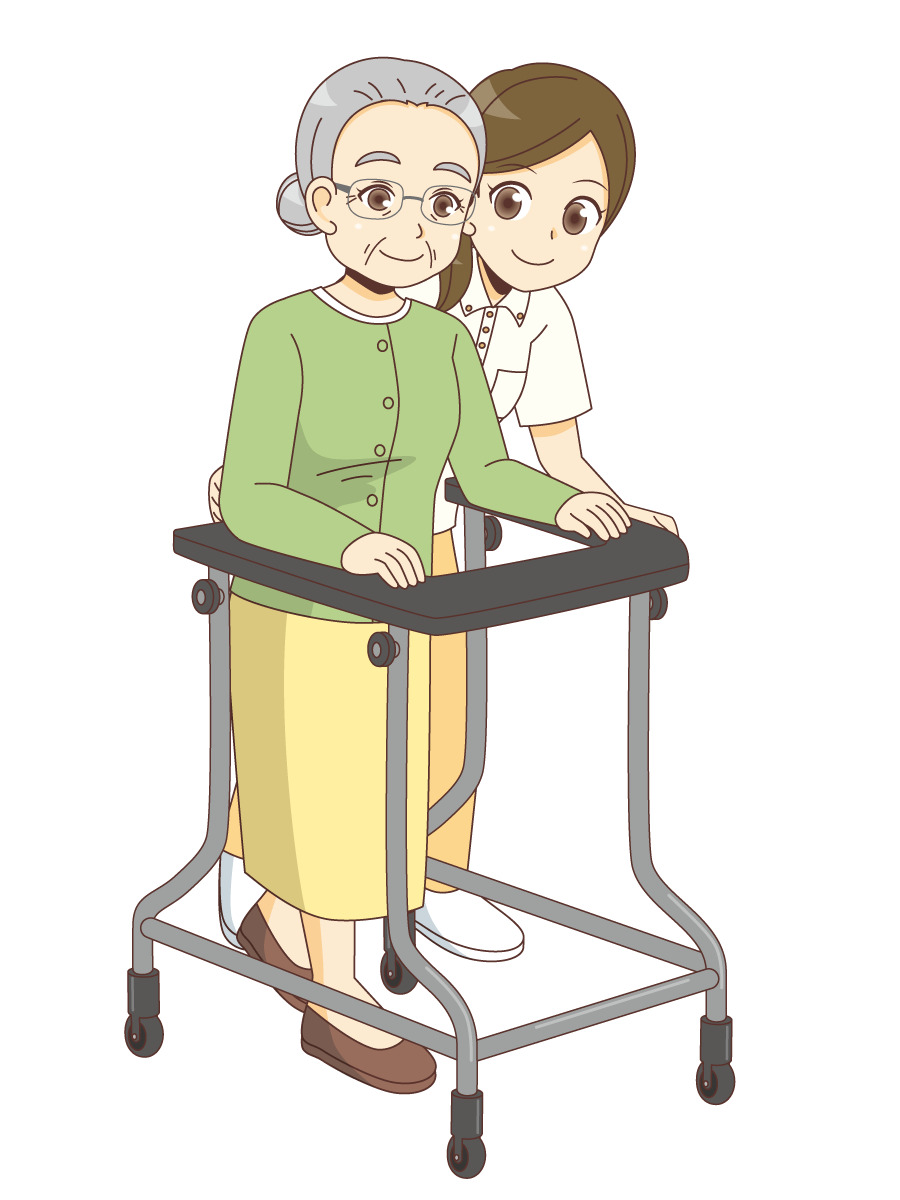 女性高齢者のタイヤつき歩行器歩行の介助を行う女性介護職 歩行介助 介護 生活 の無料イラスト 介護アンテナ