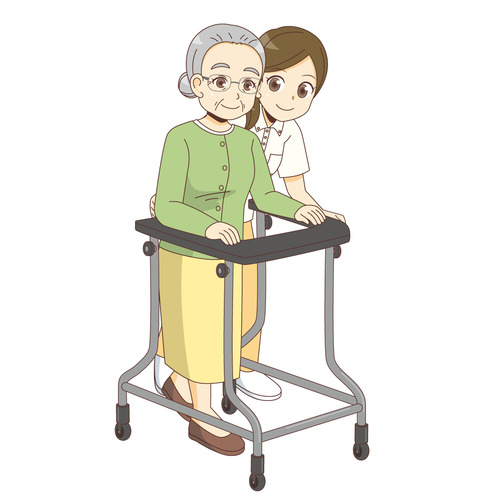 女性高齢者のタイヤつき歩行器歩行の介助を行う女性介護職（歩行介助/介護・生活）のイラスト