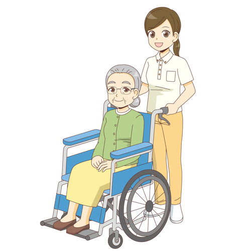 車椅子の高齢者を介助する介護職（老人ホーム・介護施設/施設・サービス）のイラスト