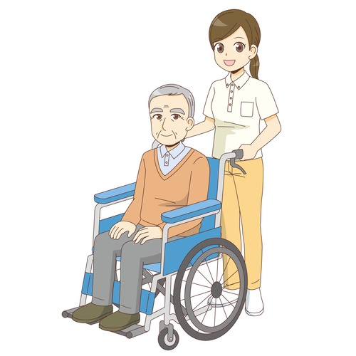 車椅子の高齢者を介助する介護職（老人ホーム・介護施設/施設・サービス）