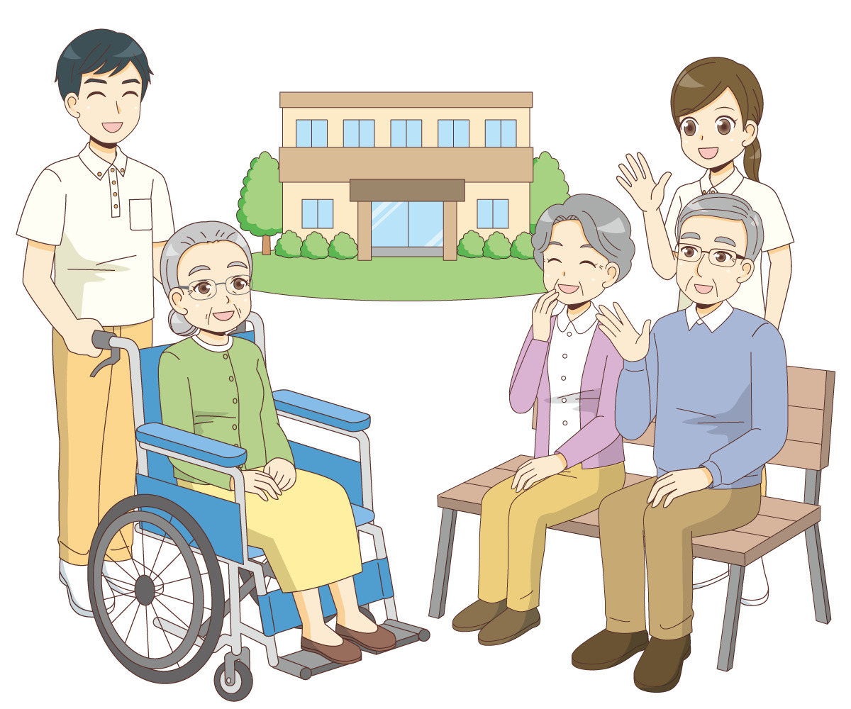 介護施設前の団らんする高齢者と介護職 老人ホーム 介護施設 施設 サービス の無料イラスト 介護アンテナ