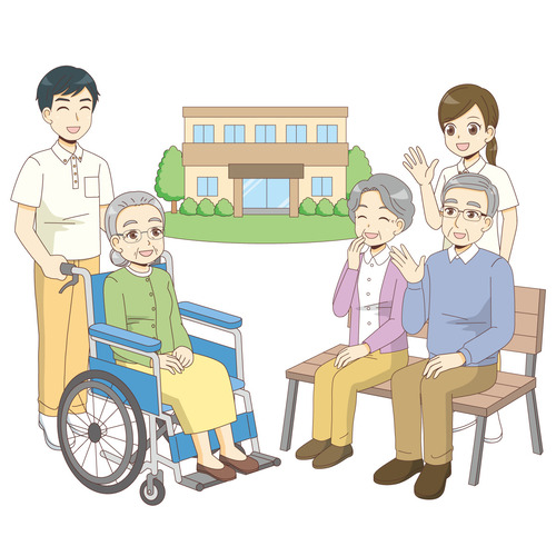 介護施設前の団らんする高齢者と介護職（老人ホーム・介護施設/施設・サービス）のイラスト