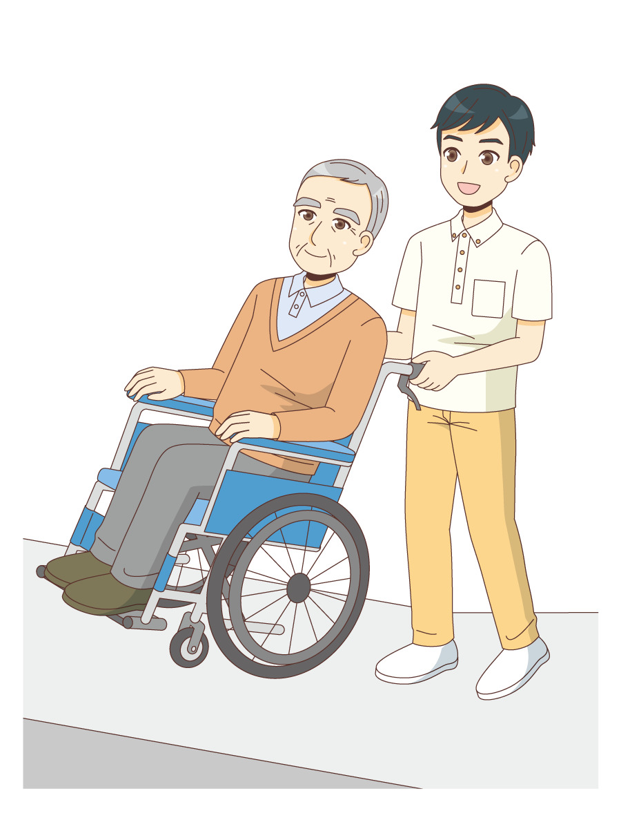 坂道で車椅子の高齢者を介助する介護職 バリアフリー 福祉用具 の無料イラスト 介護アンテナ