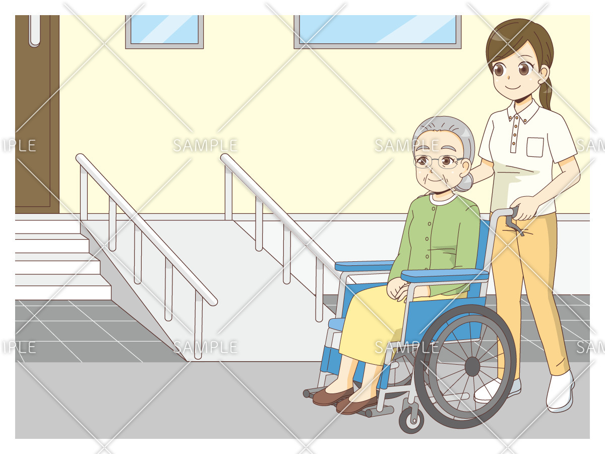 スロープのついた階段と車椅子の高齢者 バリアフリー 福祉用具 の無料イラスト 介護アンテナ