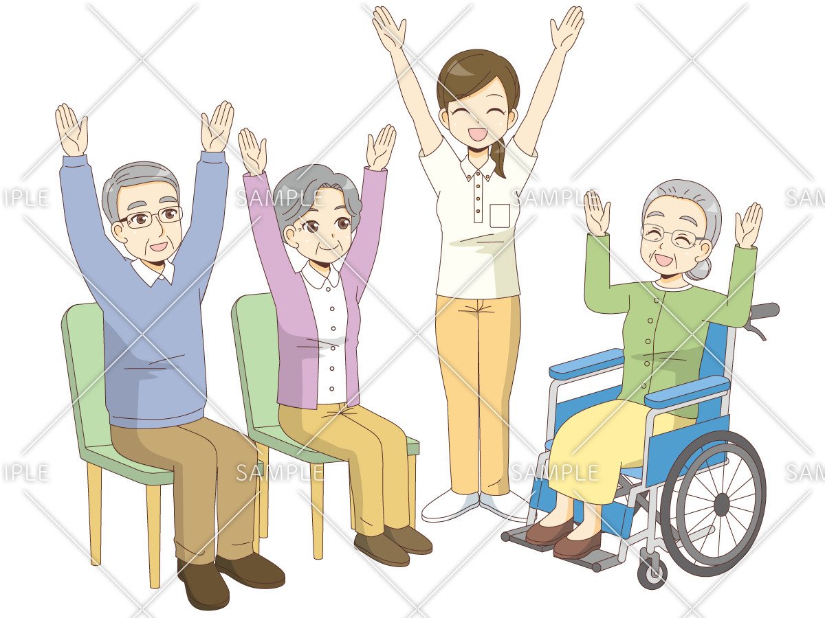椅子に座ったままできる体操を行う高齢者（運動・椅子体操/介護・生活）のイラスト