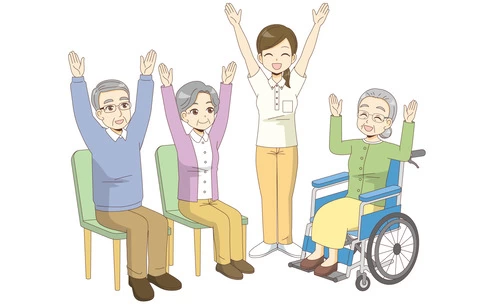 椅子に座ったままできる体操を行う高齢者（運動・椅子体操/介護・生活）