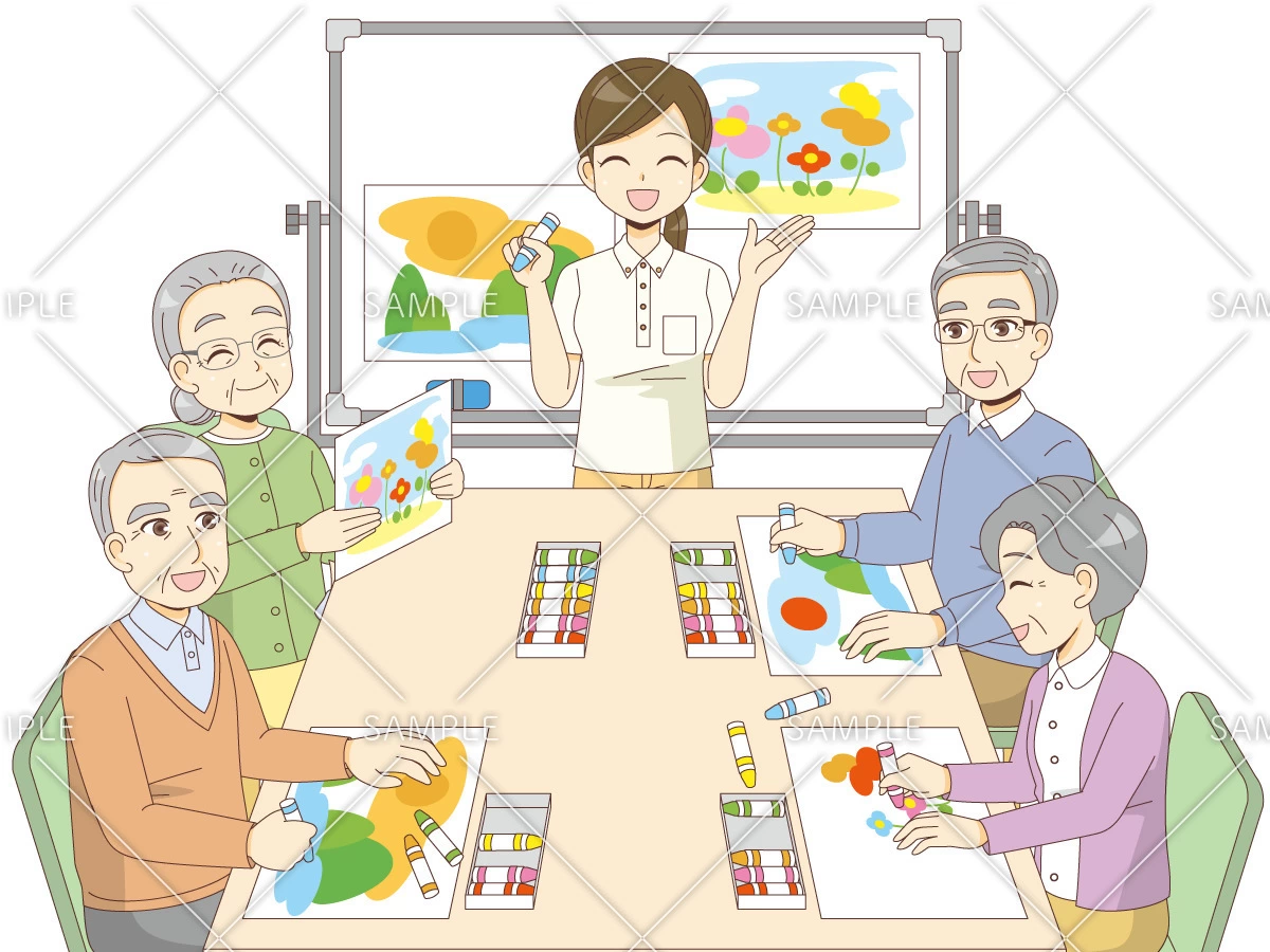 介護施設での塗り絵レクリエーション（レクリエーション・イベント/介護・生活）のイラスト