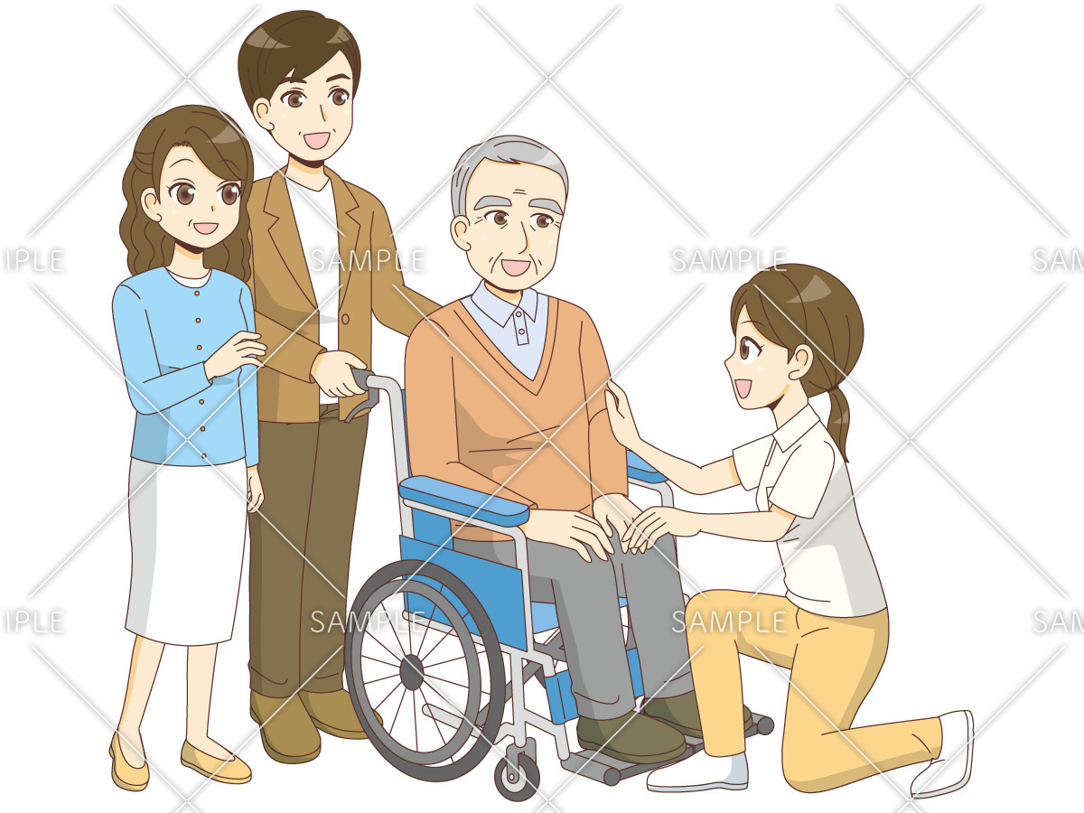介護施設での高齢者と家族の面会（面会・家族団らん/介護・生活）のイラスト