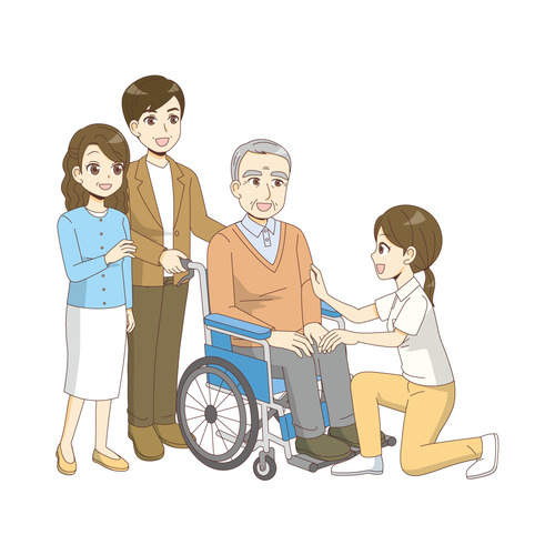 介護施設での高齢者と家族の面会（面会・家族団らん/介護・生活）のイラスト